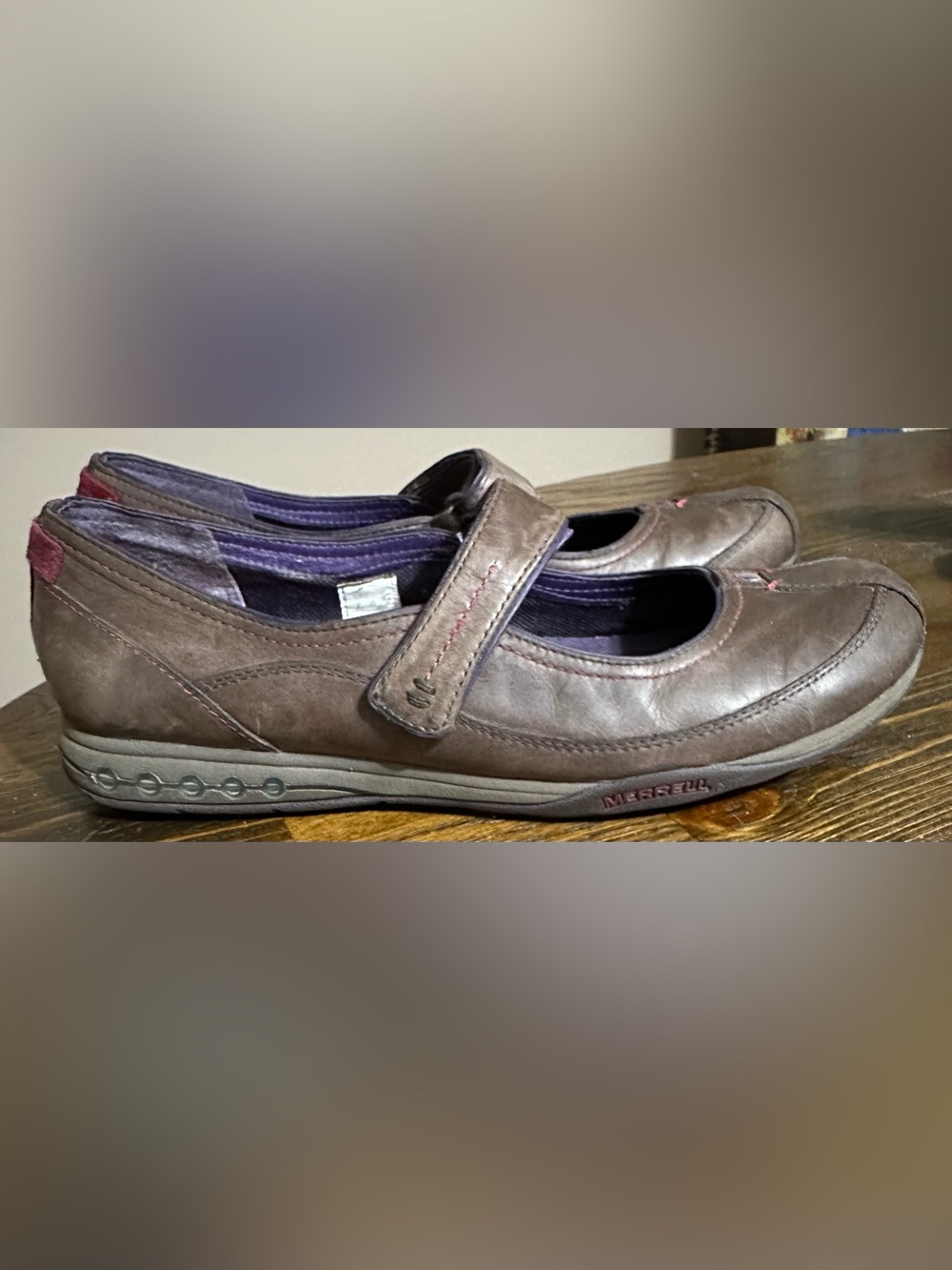 Merrell Brown Leather Mary Jane Flats with Purple Lining